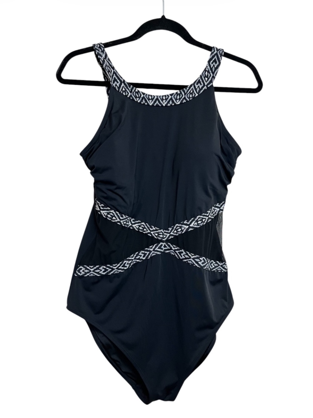 La Vie en Rose Black One-Piece Swimsuit with White Geometric Trim Mesh Sides